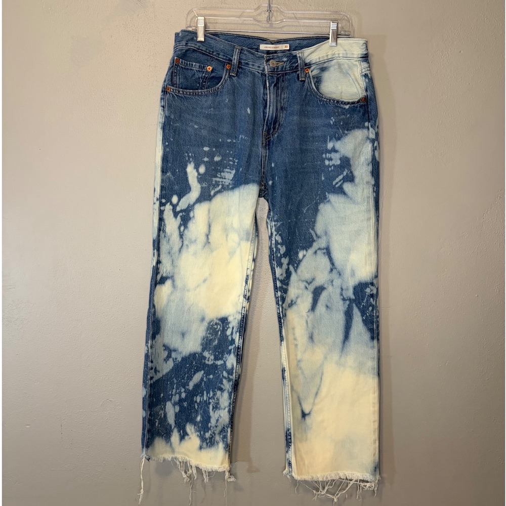 Levis Low Pro Straight Bleached Tie Dye Jeans Blue White Raw Hem Size 30